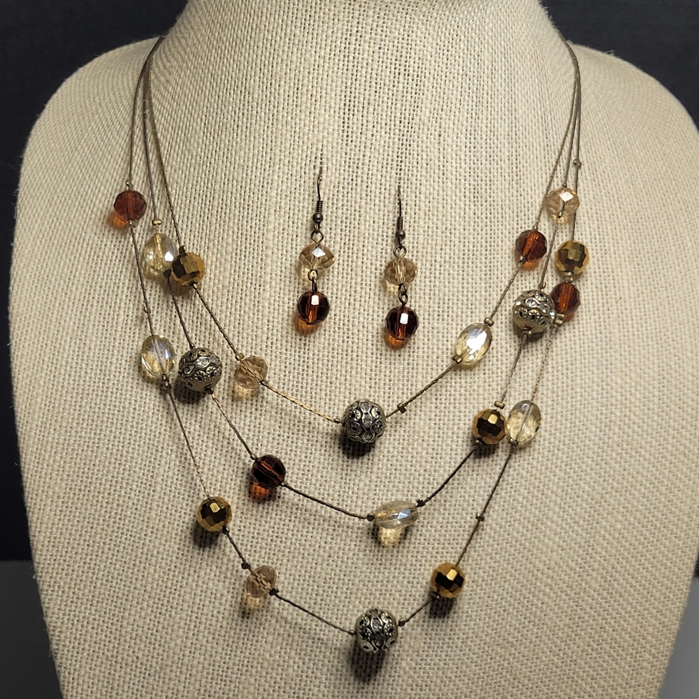 Bronze Silver Gold Tone Floating Bead 3 Layer Tier Necklace Earring SET 19" + 3"